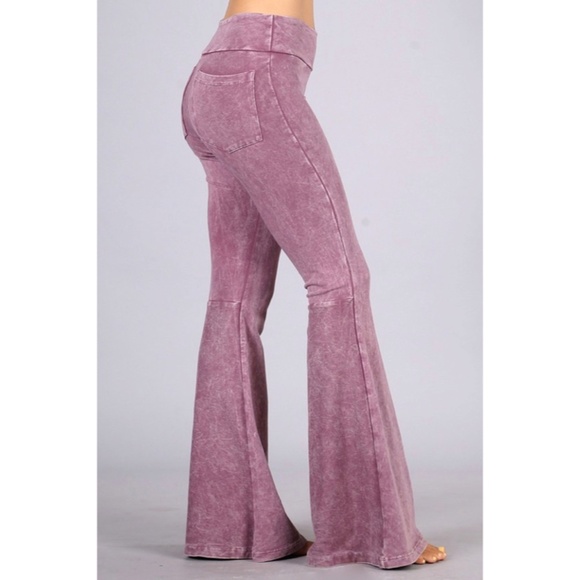 Dusty Rose Mineral Wash French Terry Flared Bell Bottom Pull On Pants w/ Pockets - Picture 1 of 5